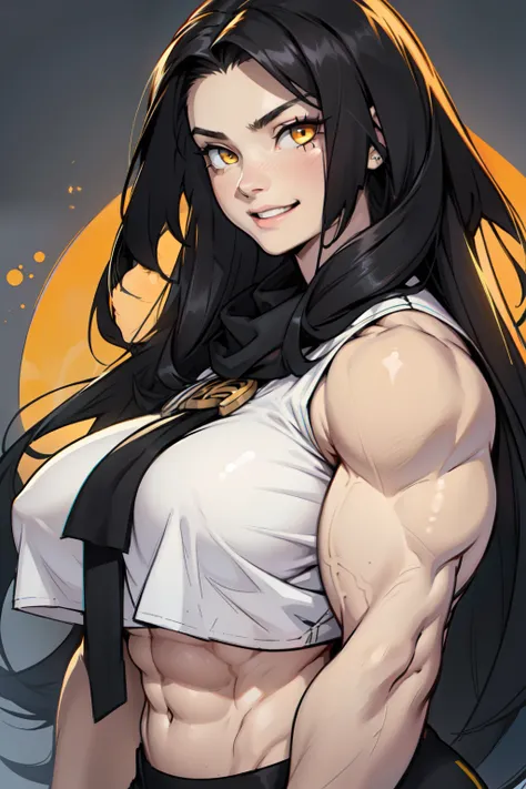 huge breasts pale skin very long hair black hair yellow eyes joyful expression ((((((1 girl)))))) (((((muscular)))))