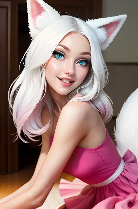 Cartoon styled woman with white long hair, elegant facial features, blue eyes, white fox tail and ears, pink frilly dress.