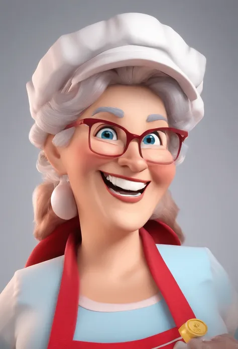 Granny with white cook hat white apron red outfit , sorriso insano, Senhora de pele marrom com um sorriso gigante, happily smiling at the camera, sorriso atrevido, Smiling granny, sorriso muito grande, Senhora sorridente, foto de perfil headshot, rindo sor...