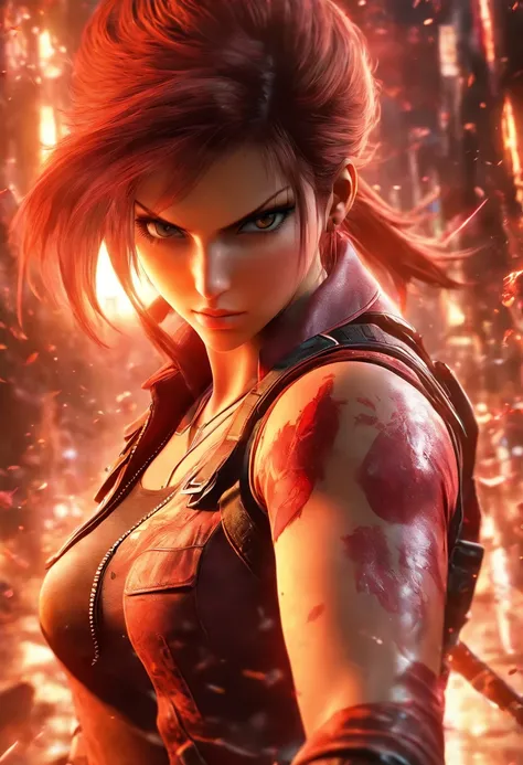 Claire Redfield, wallpaper hd, in the style of vivid energy explosions, 8k, realistic and hyper-detailed renderings, precisionist art, photorealistic scenes, epic, glassy translucence, anime art, detailed and intricate environment, unreal engine, poster ci...