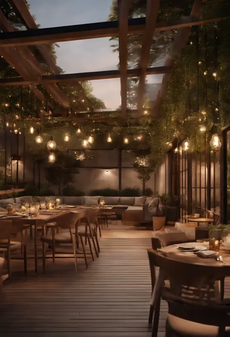 pessoas sentadas em mesas do lado de fora de um restaurante com fogueira, tiro exterior, detailed renderings, rendering of the windigo, renderizado em corona, a digital rendering, photo rendering, Directed by: Matteo Pérez, tiro largo, renderizado em Arnol...