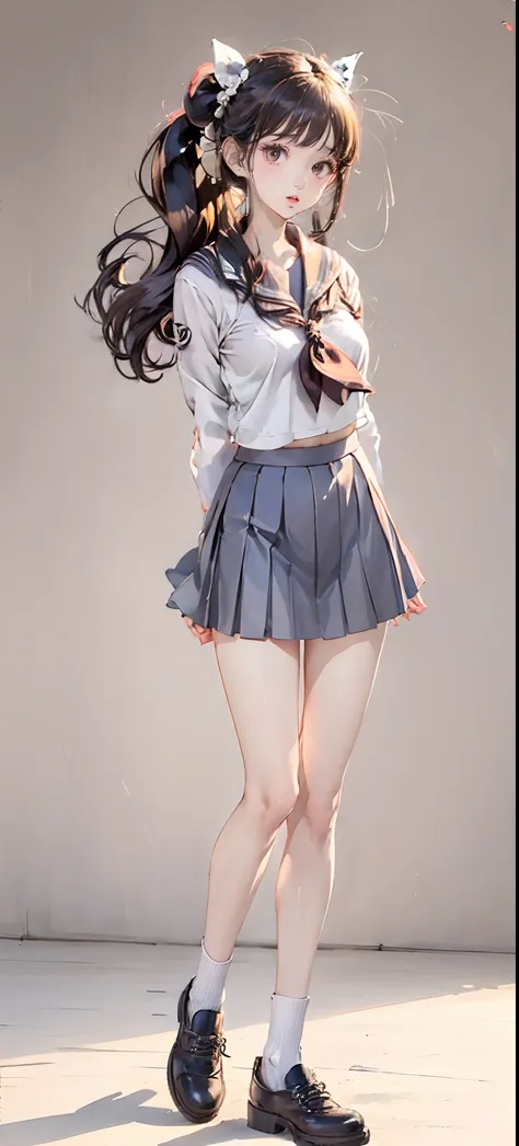 beauty all over the body，long legs，sailor suit schoolgirl，leather shoes，stand head-on，a skirt，greybackground