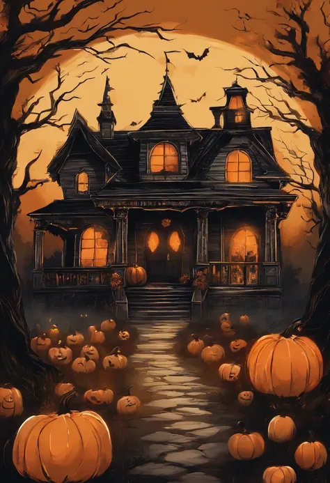 A Halloween scene with pumpkins and a house, uma pintura fosca detalhada por Pamela Ascherson, Vencedor do concurso Pixabay, gothic art, Luz cintilante, vibe sinistra, behance HD