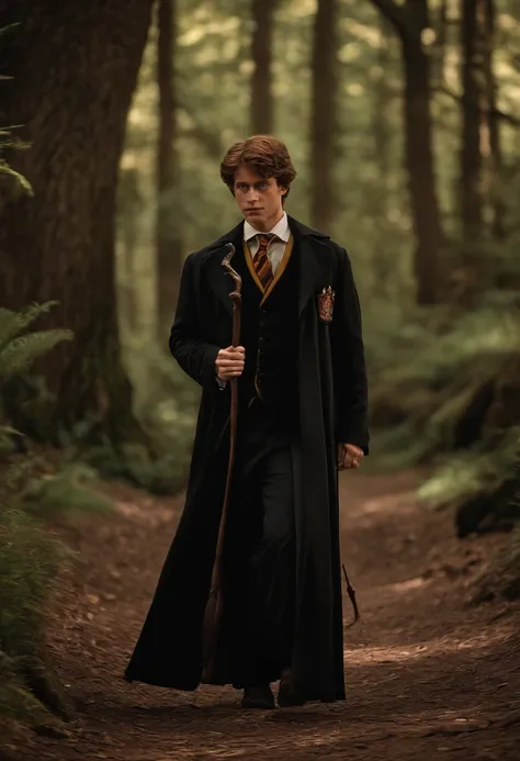 Traje Sonserina da saga Harry Potter, Magic, Realistic cinematic effect, Harry Potter wand in right hand, Personagem aproximadamente com 30 Anos, um pouco gordinho, Sem cabelo, careca, Olhos Castanhos Claros.