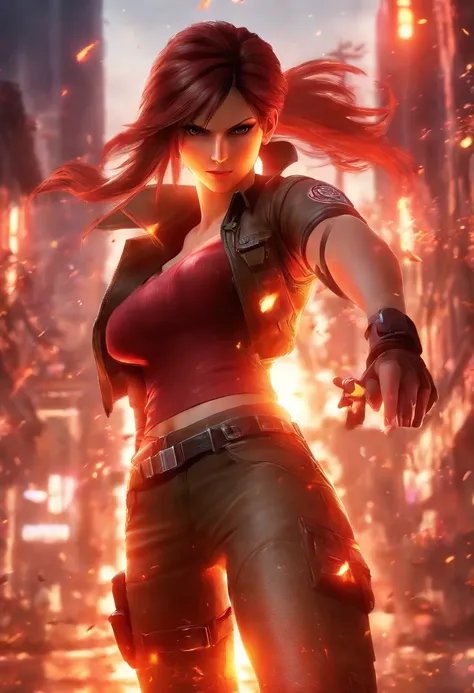 Claire Redfield, wallpaper hd, in the style of vivid, 8k, realistic and hyper-detailed renderings, precisionist art, , epic, glassy translucence, anime art, detailed and intricate environment, unreal engine, poster cinematic, full body