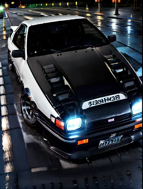 32K Ultra Hi-Vision、Photorealsitic、Raw photo、hiquality、Photo Contest Winners、Toyota AE86 Trueno Behind、((Drive along Tokyos highways with beautiful night views))、(Convertible car specifications:1.2)、((Carbon bonnet specification:1.2))、(Rain-soaked road sur...