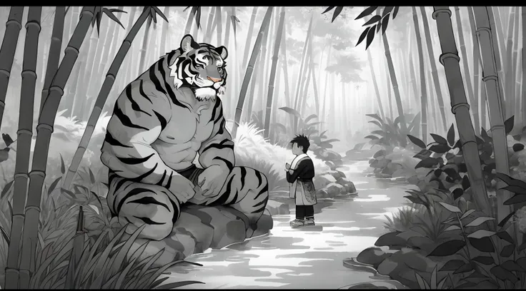 In a bamboo forest, a human transformed into a tiger meets an old friend and laments their past, Illustrated in the style of a traditional Chinese ink wash painting, resembling a handscroll with a horizontal composition,