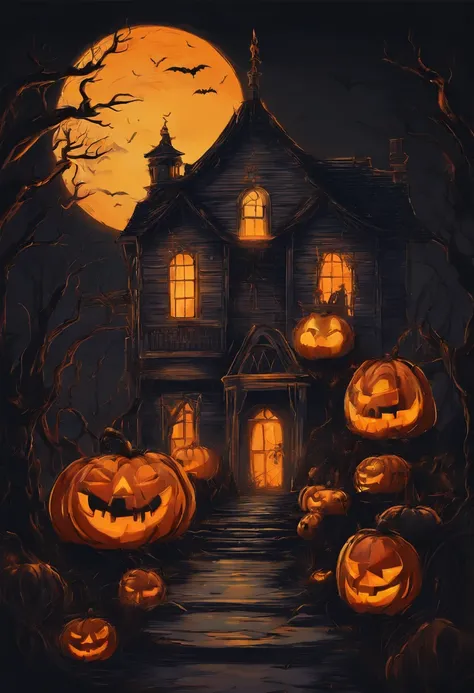 A Halloween scene with pumpkins and a house, uma pintura fosca detalhada por Pamela Ascherson, Vencedor do concurso Pixabay, gothic art, Luz cintilante, vibe sinistra, behance HD