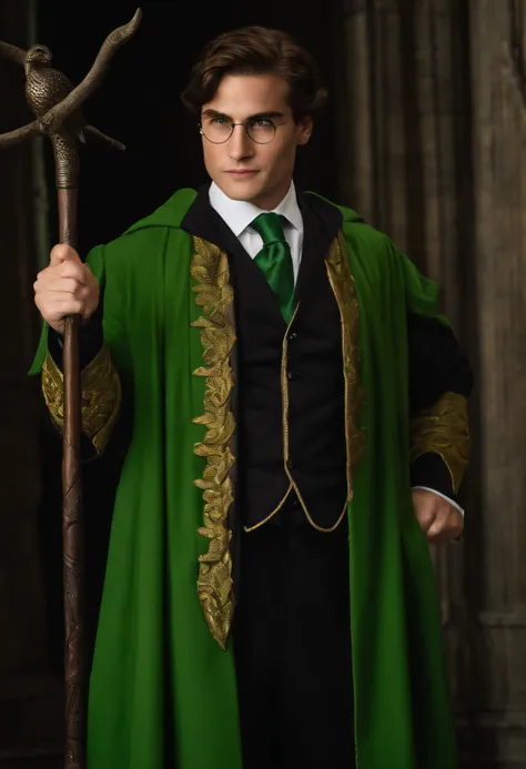 Personagem  mascolino, usando um Traje Sonserina da saga Harry Potter, detalhes verdes e preto, Magic, efeito 3d, Harry Potter wand in right hand, Personagem aproximadamente com 30 Anos, um pouco gordinho, Sem cabelo, careca, Olhos Castanhos Claros.