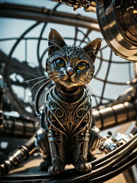 a cute kitten made out of metal, (cyborg:1.1), ([tail | detailed wire]:1.3), (intricate details), hdr, (intricate details, hyperdetailed:1.2), cinematic shot, vignette, centered