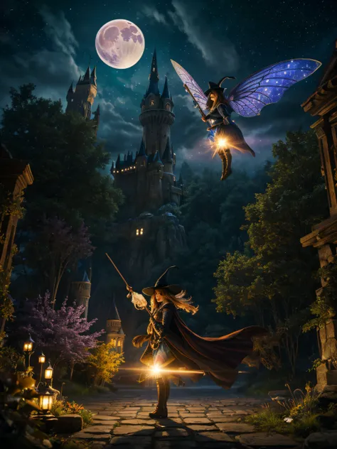 masterpiece, best quality, ultra-detailed, illustration, 1girl, solo, fantasy, flying, broom, night sky, outdoors, magic, spells, moon, stars, clouds, wind, hair, cape, hat, boots, broomstick, glowing, mysterious, enchanting, whimsical, playful, adventurou...