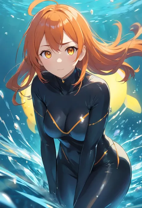 1 female、Orange hair、Colossal tits、Big ass、Black catsuit、yellow  eyes、Large, thick thighs、a short bob、wide hips、under the water