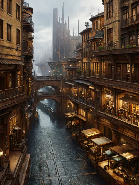 ((masterpiece)),((best quality)),((high detial)),((realistic,)) Industrial age city, deep canyons in the middle, architectural streets, bazaars, Bridges, rainy days, steampunk, European architecture