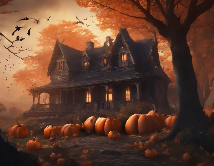 (best quality,4k,8k,highres,masterpiece:1.2),ultra-detailed,(realistic,photorealistic,photo-realistic:1.37),a scene of Halloween with pumpkins and a house,detailed matte painting by Pamela Ascherson, Pixabay contest winner,gothic art,flickering light,sinis...