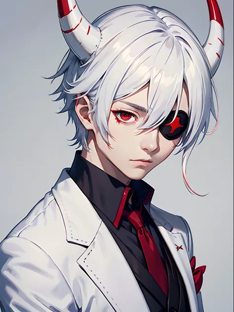 red eyes、an eye patch、white hair、A beautiful boy in a white suit with horns on his head