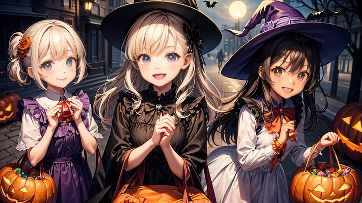 Halloween illustration, three children, elementary school children holding candy in both hands and smiling happily, (Masterpiece), (Best Quality), (Ultra high Detailes)