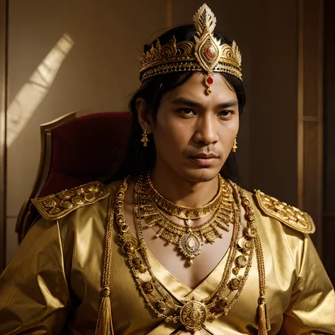 the King of the Majapahit Empire is depicted as a figure of great power and authority. He is dressed in elaborate ceremonial attire, adorned with intricately designed gold jewelry and ornaments. The King wears a majestic headdress, symbolizing his elevated...