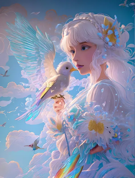 april small cute birds bring flowers and colorful feathers to her blonde/white braided hair, braided hair, bluebirds, hummingbir...