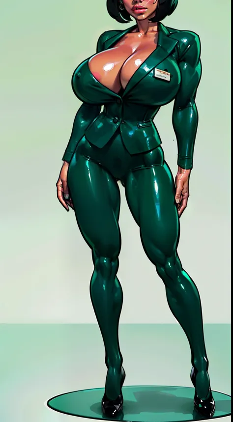 ((masterpiece)),(((best quality))), ((character design sheet)), ((full body view)) illustration,1girl, muscular, ((mintgreen office suit:1.4)), buttercup, (mintgreen hairband),((black hair:1.4)), greensuiys ((detailed face:1.4)) ((gigantic breasts:1.3)), b...