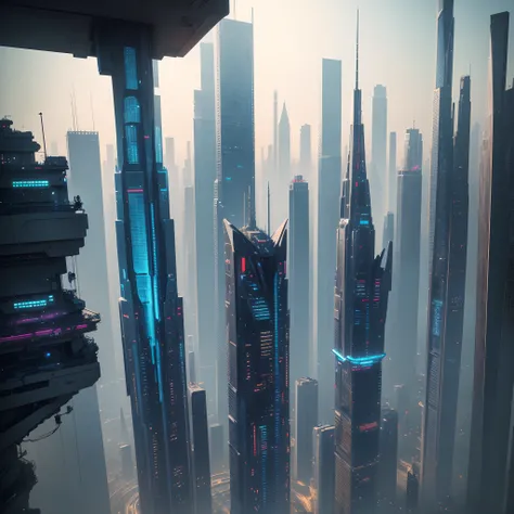 (Best Quality, 8K, Ultra-detailed:1.2), Futuristic cityscape of towering skyscrapers, Cyberpunk, Sci-Fi Art, Earth, A futuristic world, masutepiece, Glass skyscraper, Imaginative, 40 times taller building, Vivid colors, Dramatic Lighting，kosmos，A world far...