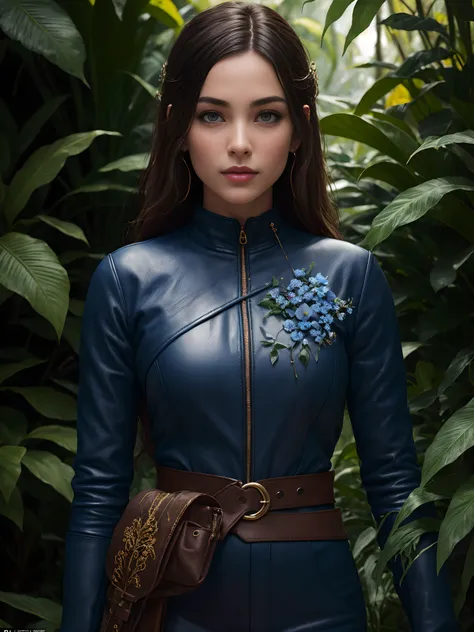 Fashion Photography Portrait of Blue Human Avatar, In the blue lush jungle with flowers and birds, 3d визуализация, cgi, symetrical, octane render, 35 mm, bokeh, 9:16, (Complicated details: 1.12), hdr, (Complicated details, hyper-detailing: 1.15), (Natural...