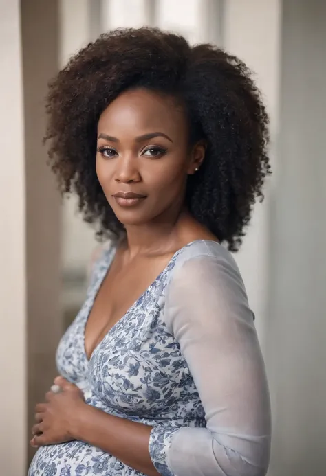 pregnant, mature, woman, African, hospital background, african hair, navy blue and white attire