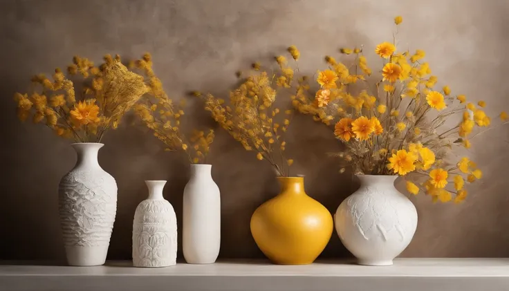 Real photo, white drywall, and decorate vases that are brown, vases of yellow and white and brown flowers, Birthday decoration backdrop, used for studio photography