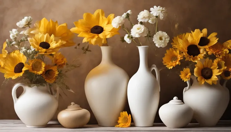 Real photo, white drywall, and decorate vases that are brown, vases of yellow and white and brown flowers, Birthday decoration backdrop, used for studio photography