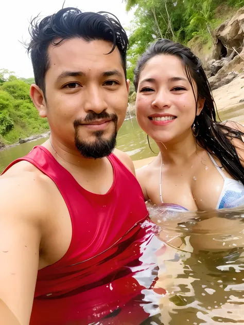 Theres a man and a woman in the water taking a selfie, em um rio na selva, in the water, Karla Ortiz, divertindo-se, Fotografia tirada em 2 0 2 0, Postagem no Reddit, in water, rio ao fundo, 4 k post, Postagem 4k, imagem de perfil, par, banho em cachoeira,...