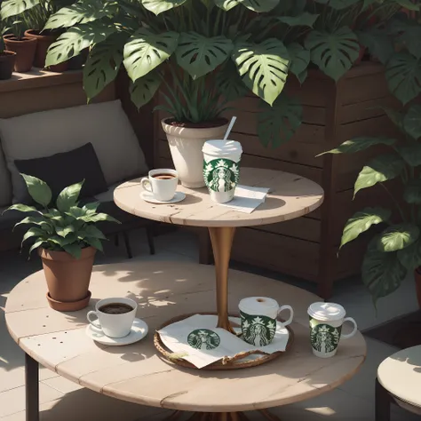 Starbucks coffee cups，Surrounded by plants，High luxury