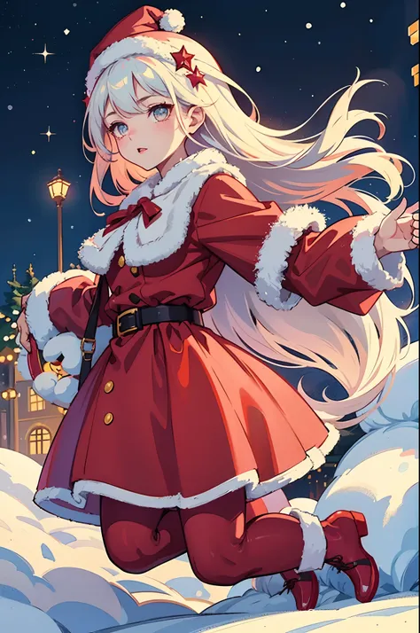 Santa Claus happily carrying presents、Cute Girl Santa、Stars in the eyes(kirakira)、eyes up、laught、The red shoes are cute、Foconitido、The ultra-detailliert、radiant light、bio luminescent、snowscape、Its snowing、Draw a large snowflake in the foreground、Strong bok...