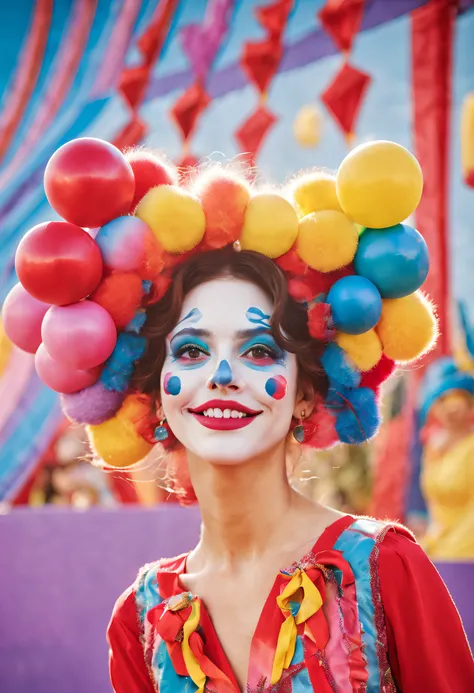 (best quality,high-res,masterpiece:1.2),vibrant circus scene,colorful clown,exaggerated makeup,holding colorful balls,juggling act,aesthetically pleasing movements,graceful like a bird,captivating audience,cheers and applause,exciting atmosphere,stunning c...