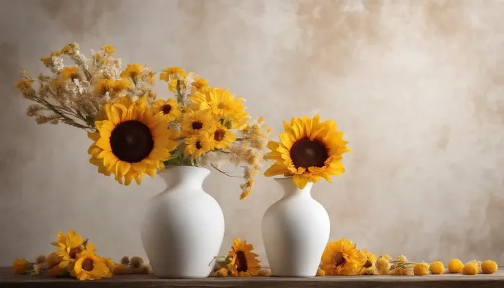 Real photo, white drywall, Decorate 2 vases on 2 sides ,vases that are brown, vases of yellow and white and brown flowers, Birthday decoration backdrop, used for studio photography