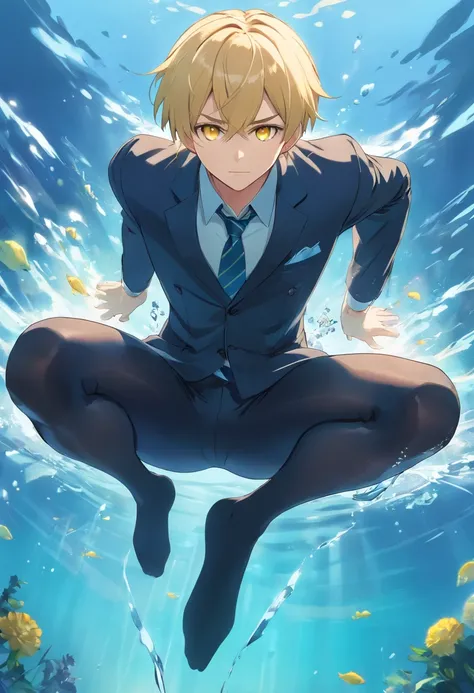 1 male human、a blond、Huge ass、Black Tights Suit、yellow  eyes、Large, thick thighs、short-haired、wide hips、musculature、under the water