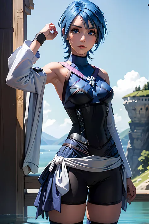 aaaqua, short hair, blue hair, blue eyes, medium breasts, turtleneck, harness, blue shirt, detached sleeves, corset, black short...