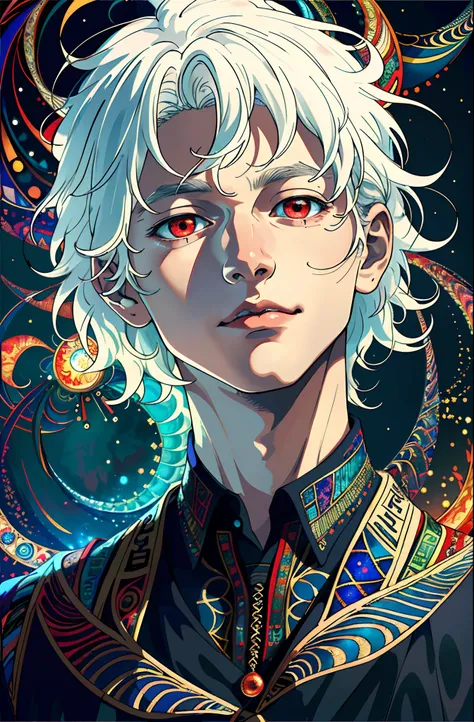 Realistic, (Masterpiece, Top Quality, Best Quality, Official Art, Beauty and Aesthetics: 1.2), Very Detailed, Fractal Art, Colorful, Most Detailed, Zentangle, (Abstract Background: 1.5) (1boy: 1.3), God, White Hair, Short Hair, (Glowing Red Eyes), Mysterio...