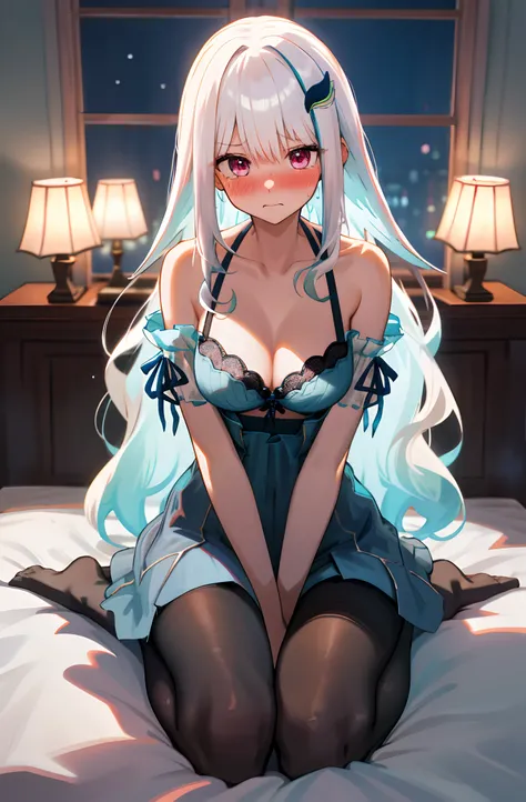 One girl with long wavy hair, white hair, looking at viewer, embarrassed, blushing, tears, indoor , bare shoulders, medium breast, bra, black bra, undress, naked, perfect waist, thigh, bed, sit on, spread legs, night atmosphere, kneeling pose, hair ornamen...