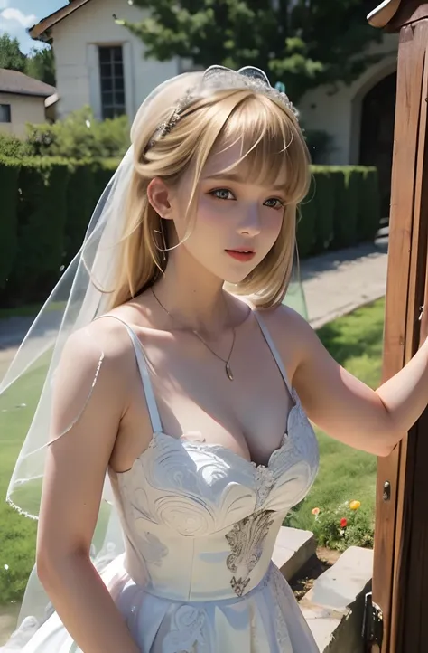 A girl,16 year old,european countryside,blonde,bangs bangs,pretty face,wedding dress,thick muscular arms