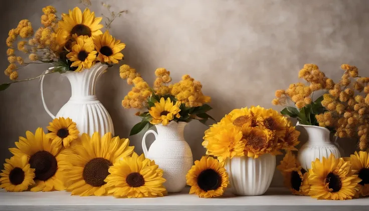 Real photo, white drywall, Decorate 2 vases on 2 sides ,vases that are brown, vases of yellow and white and brown flowers, Birthday decoration backdrop, used for studio photography, studio, Birthday backdrop, Birthday baby backdrop