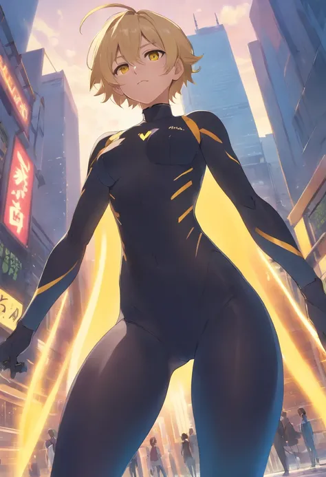 1 male human、a blond、Huge ass、blackbodysuit、yellow  eyes、Large, thick thighs、short-haired、wide hips、musculature