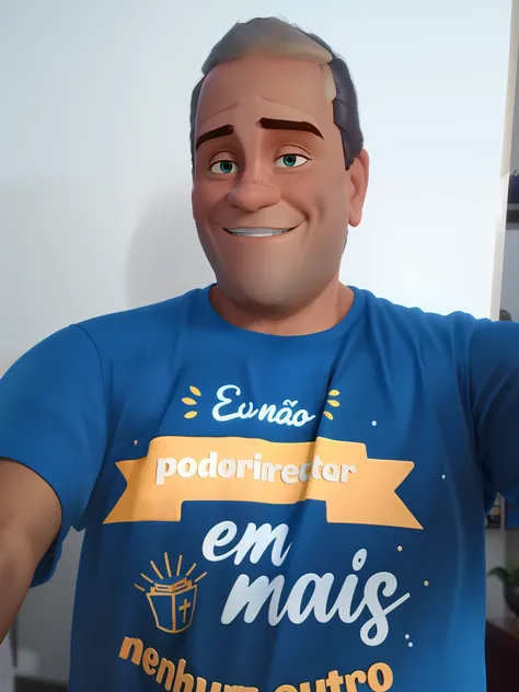 Um homem  moreno pardo , cabelo curto e preto, camisa azul escura, sorrindo estilo Disney Pixar alta qualidade melhor qualidade