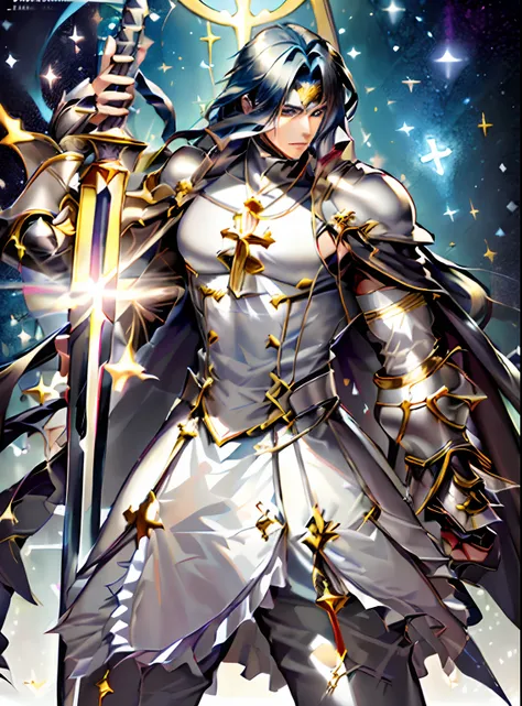 ((Sistermon Ciel as a boy)),((1boy:1.2)),(solo), ((dark blue hair)),long hair,very long hair,((white battlepriest outfit)),one eye covered,long sleeves,STANCE,star (sky),(masterpiece), (best quality), HDR, intricate detail, ((high quality, high Aesthetic,M...