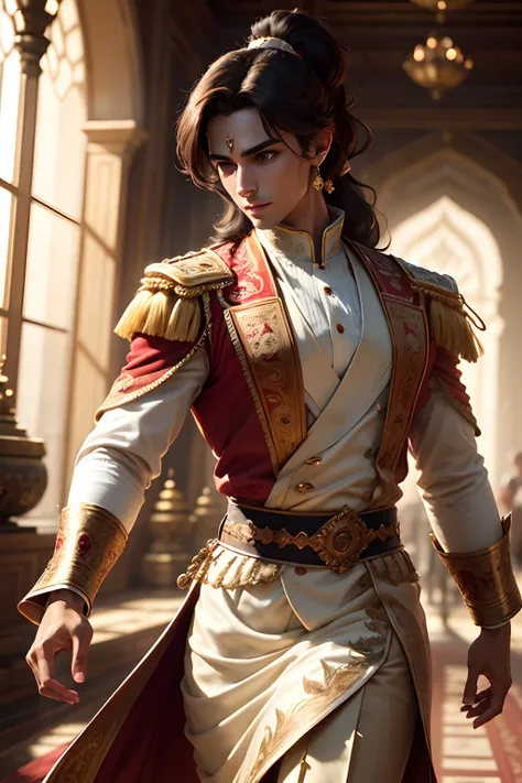 young prince in a palace, luxury royal palace, volumetric lighting, 8k resolution, photorealistic, ultra-high quality, opulent detailed background, medium length dark brown hair, messy ponytail, wearing a fancy royal indian clothes, having fun, running