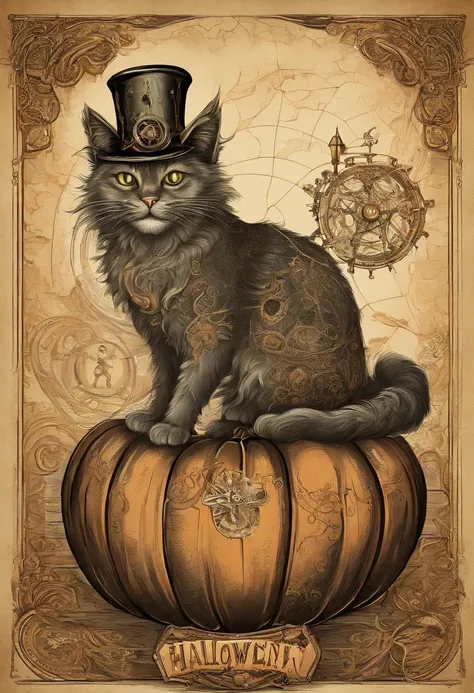 Halloween cat with green eyes, Sitting on a pumpkin, A witch flies in the sky