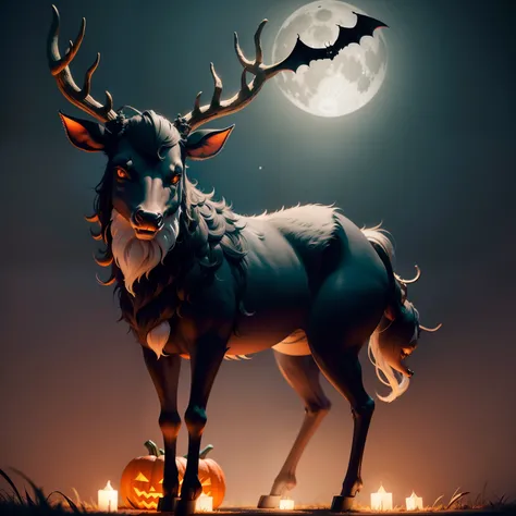 Halloween Deer，Middle element，（master-piece，bestquality：1.2），Best Lights，best shadows，Show background,  . . .bat,full big moon, stylized 3d render