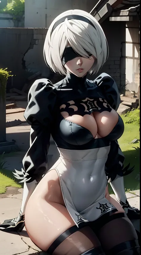 distant view, Camera from above, sits on the edge, Sits, Camera from above, Frame from above, sits on the edge of the roof, White Hair Bob, ashy hair, The eyes are covered with a bandage, Cyan eyes, black dress with a short skirt, short black skirt, Skirt ...