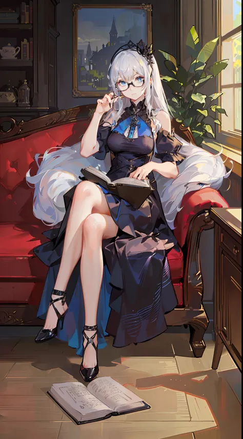 small girl, Long white hair, blue eyes, Black Stylish Glasses, blue dress, fluffy dress, short sleeves, open shoulders, book, sitting at a table, tea, Masterpiece, hiquality, 4k, HD, Good detail