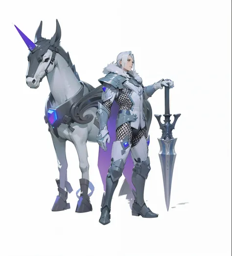 A man, white hair, long hair, sword to the ground, BREAK horse, winter