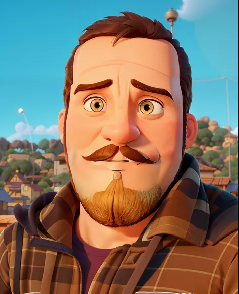 Um homem estilo Disney pixar, alta qualidade, melhor qualidade, barba e bigode, sorrindo de leve, olhos castanhos claros, cabelo castanho, cabelo curto, idade 30 anos.