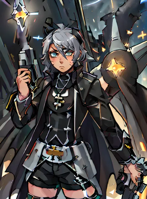 ((sistermon noir as male)),(1boy:1.2},(solo:1.1), ((battlepriest)),(shorts,)) , silver hair,grey eyes,stance,star \(sky\), (mast...